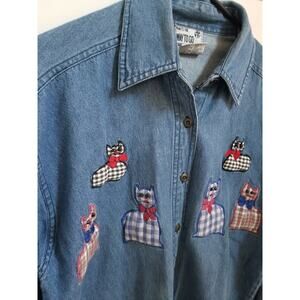 Way To Go Denim Button Up Long Sleeve Shirt Embroidered Cats Women's M